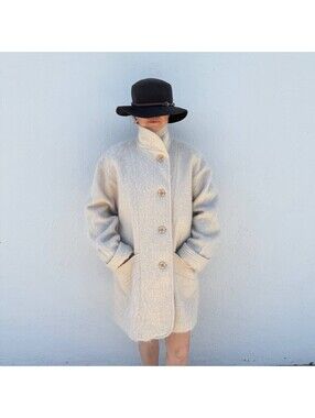 Vintage Loring Mohair Wool Coat Womens Size 14 Cream Oversized Button Front